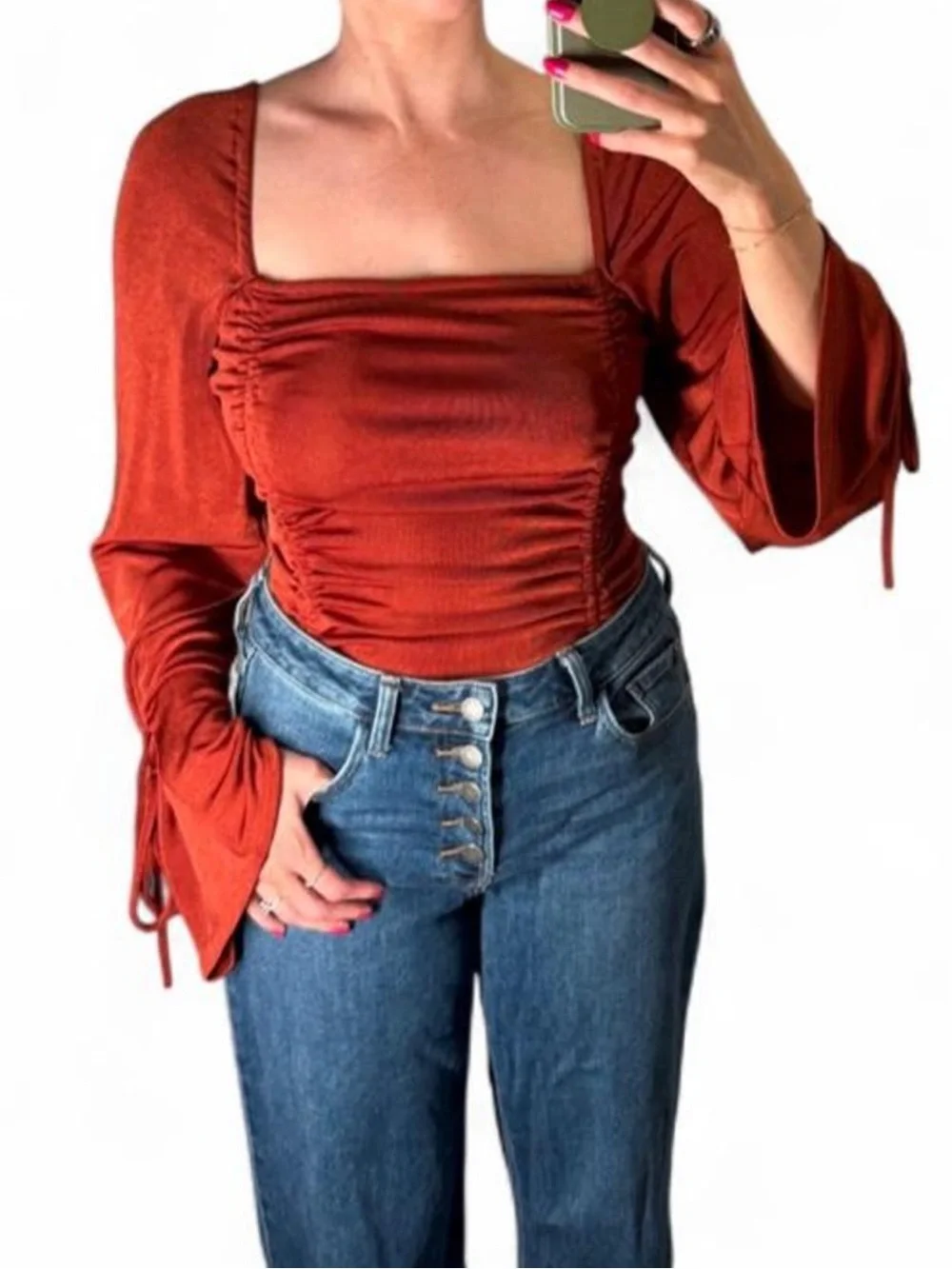 Free People Rust Ruched Square-Neck Bell Sleeve Top